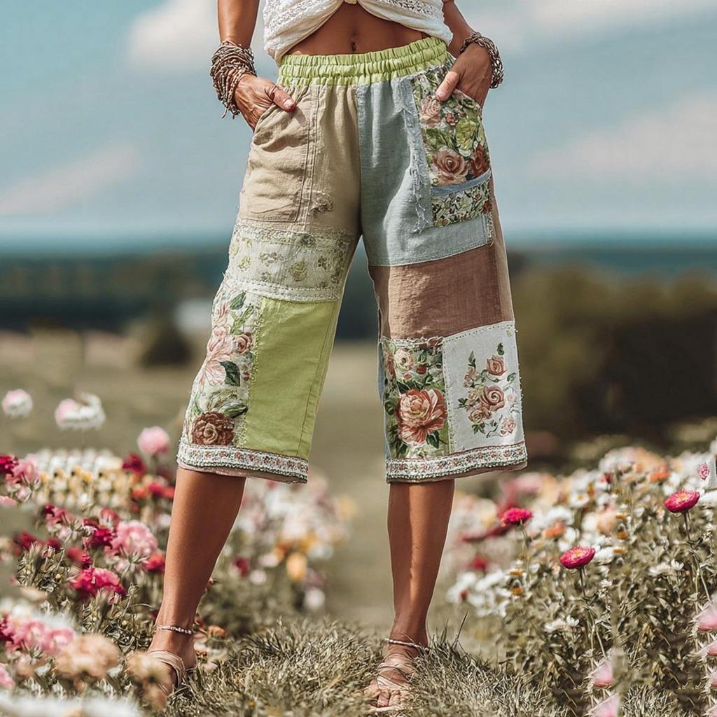 2025 Retro Floral Print Casual Women's 7-Point Pants Shorts