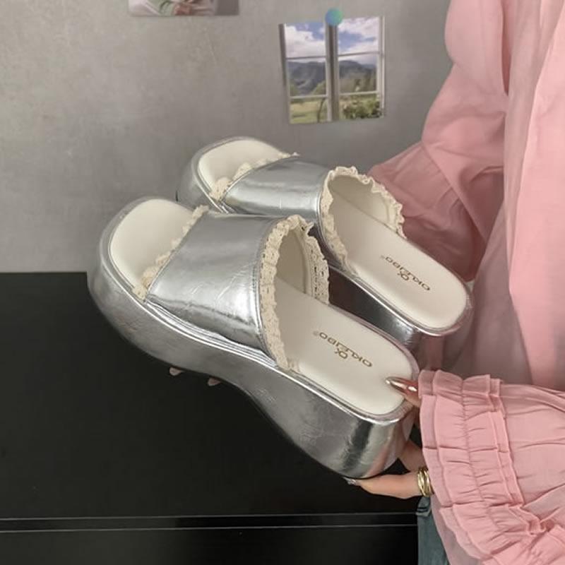 

Французский Толстый Каблук Женские Летние Открытые Носки Уличные Сладкие Тапочки с Кружевной Отделкой Резиновая Подошва Материал из Микрофибры Женские Тапочки 40 серебряный