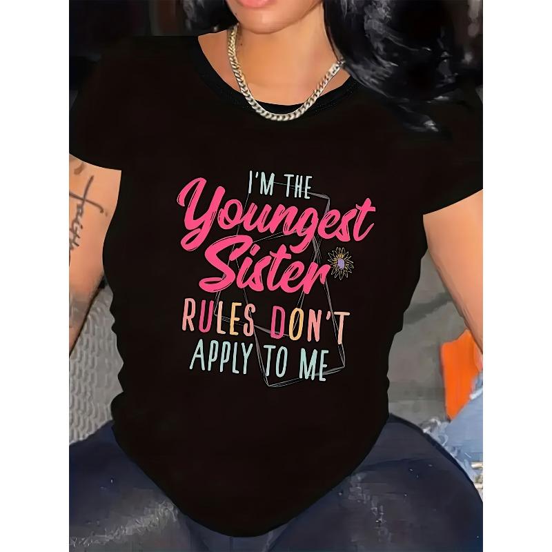 Europäische Größen 1 Schwester Thema Grafik, Damen Sommer Freizeit T-Shirt, Rundhalsausschnitt, Normale Passform