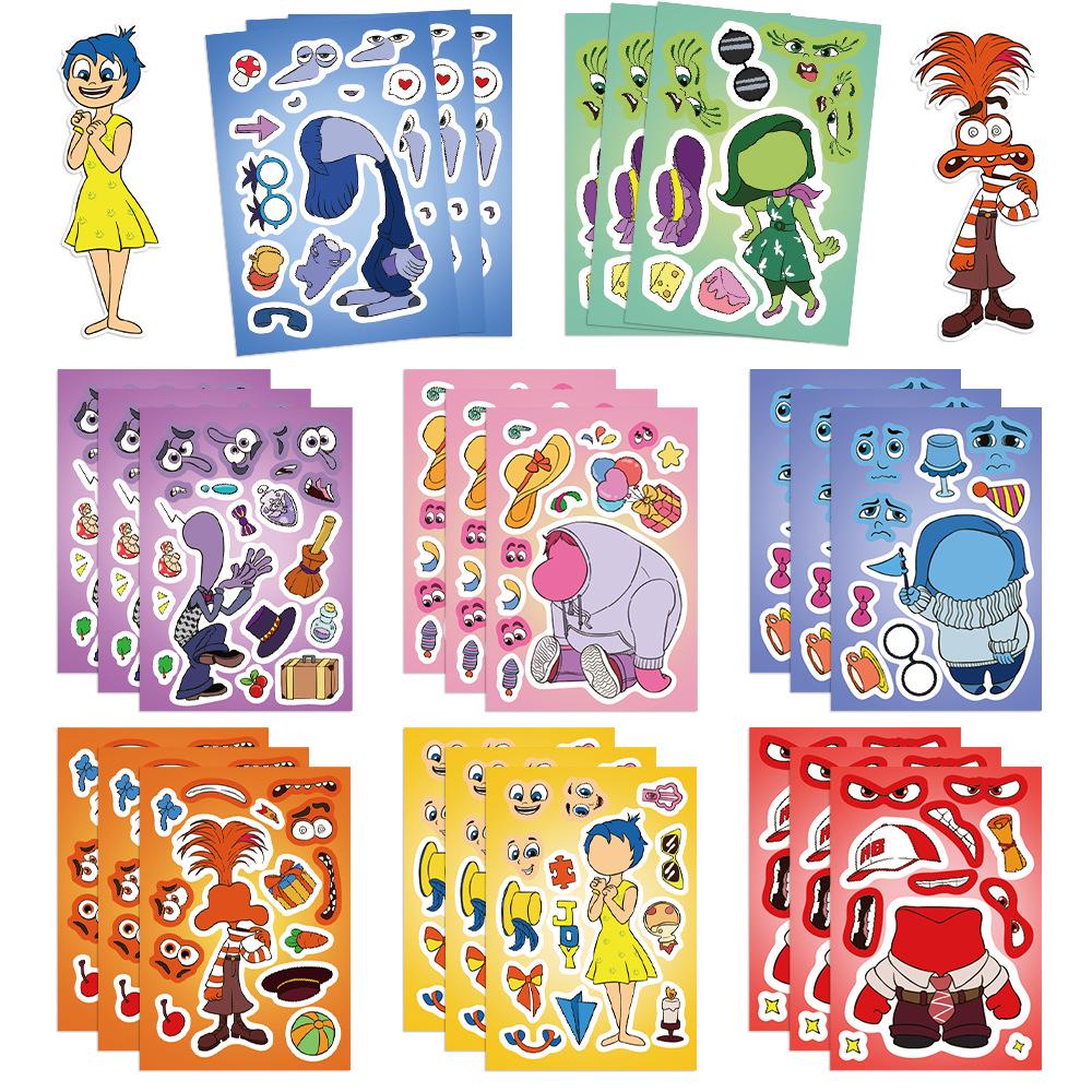 8-Sheet Cartoon Character Make-a-Face Puzzle Stickers - Waterproof Handmade Toy