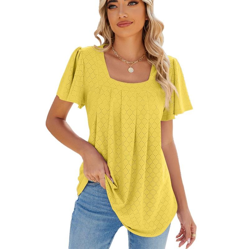 Spring Summer Solid Color Square Neck Pleated Short Sleeved Loose T-shirt Top for Women Shirt