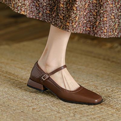 Nowe oryginalne skórzane buty damskie Mary Jane Leisure Buckle płytkie czółenka kwadratowe noski grube buty na obcasie damskie Zapatos De Mujer