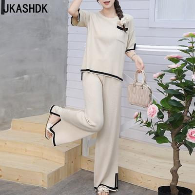 Women's Fashion Casual Summer Spring Solid Color Print Short Sleeve O-Neck Trousers Pants Suits