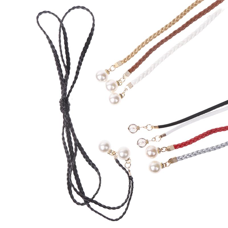 Retro Pu Braided Pearl Belt Waist Chain Versatile Women Leather Rope Waistband Waist Rope Jeans Dresses Clothing Accessories