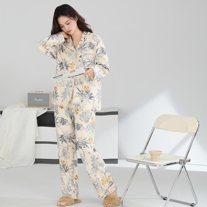 Class A antibacterial pure cotton pajamas women's autumn and winter long-sleeved trousers high-end large-size cool cotton loungewear women's suit