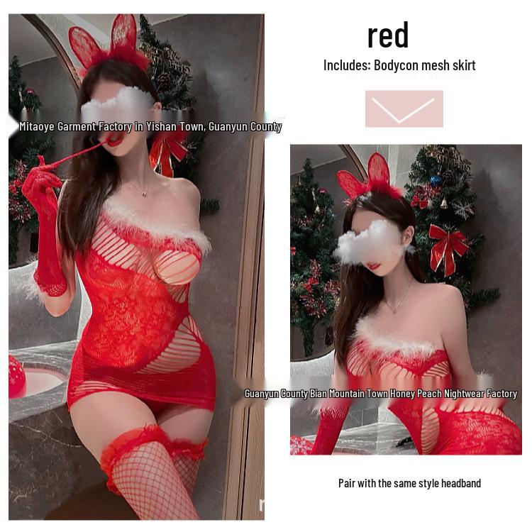 One-Shoulder Red Plush Christmas Bodycon Dress with Sheer Mesh Detail