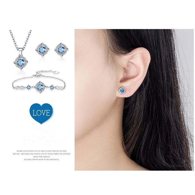 Women's Jewelry Set, Necklace Earrings Bracelet, S925 Silver Plated, Blue, 3 Pieces