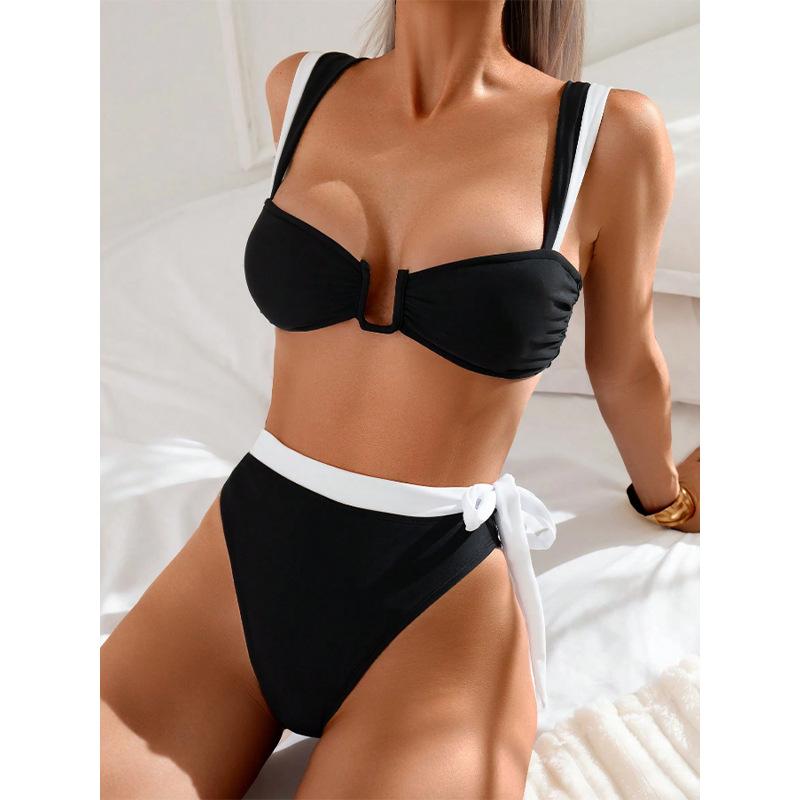 New European and American bikini thick shoulder strap split swimsuit sexy long belt model pure desire style high-end swimsuit women