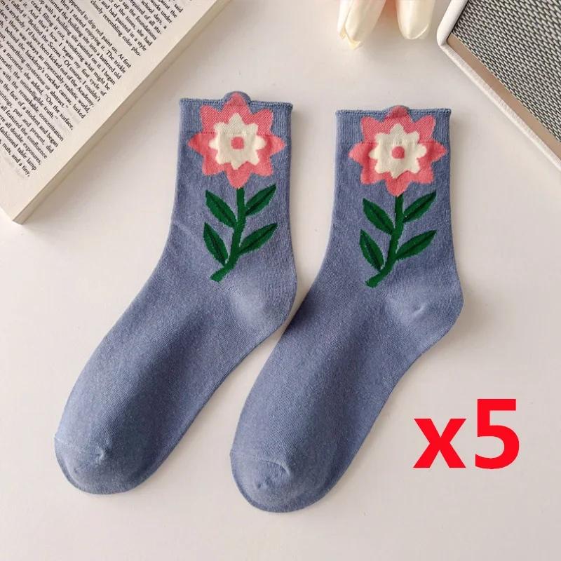 5 Pairs Lot Women Socks Cotton Japanese Korean Style Cute Flower Print Hajuruku Kawaii Floral Breathable Casual Sweet Socks