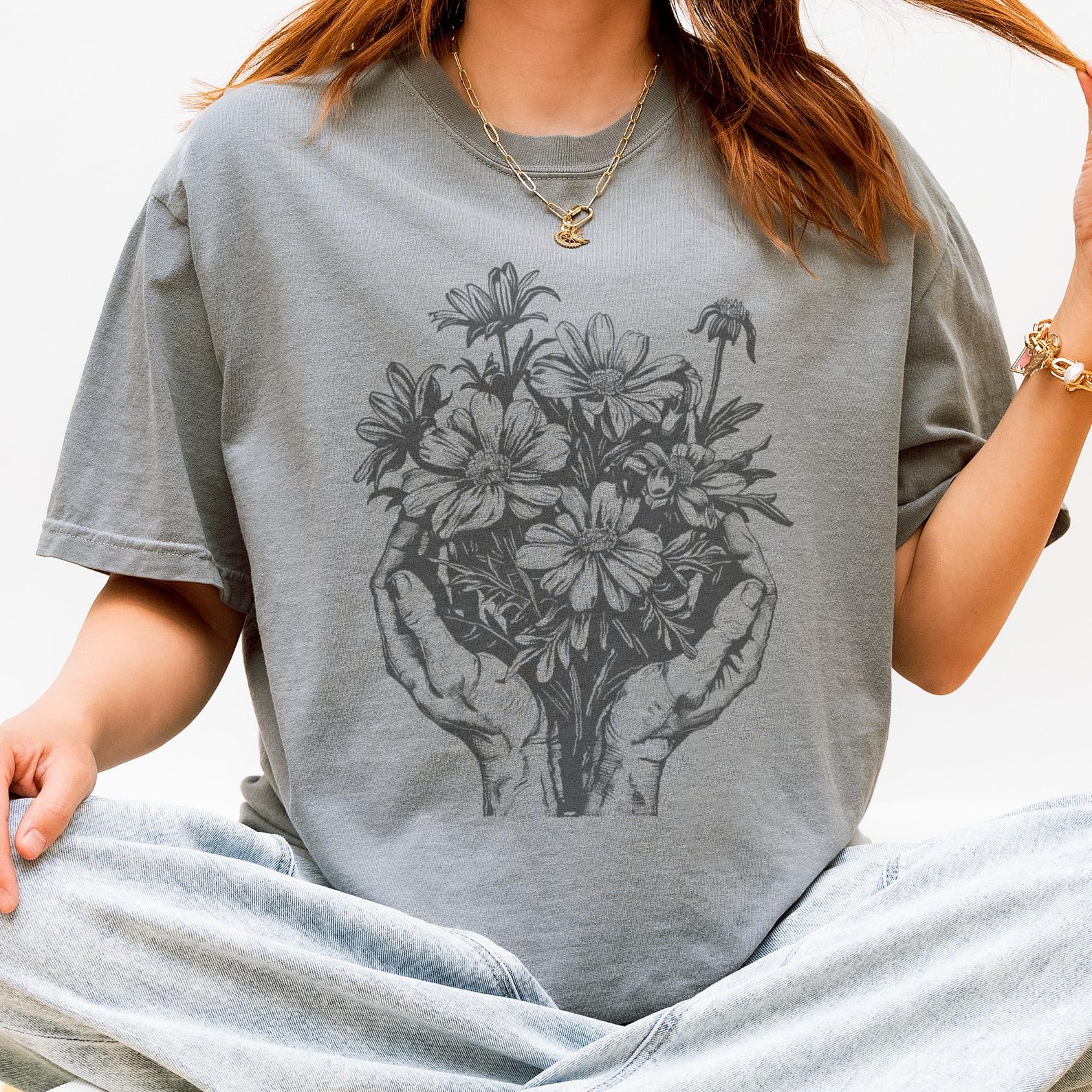 Hands Holding Wildflowers T-Shirt, Botanical Art Tee 100