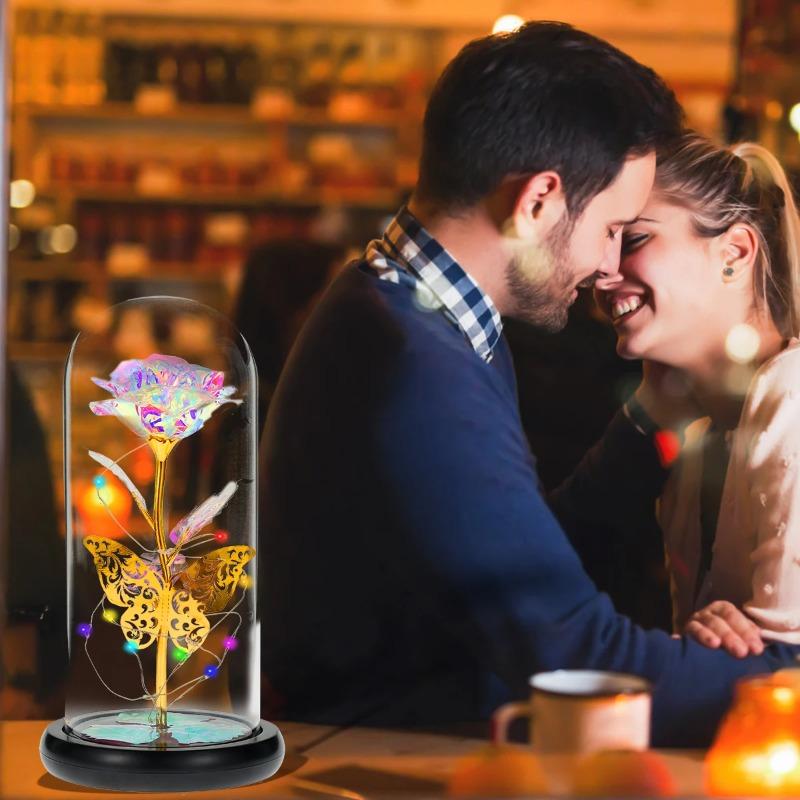 Galaxy Rose Lamp with Butterfly & Colorful LED Lights Artificial Rose in Glass Dome Battery Powered Romantic Gift for Wedding Home Decor