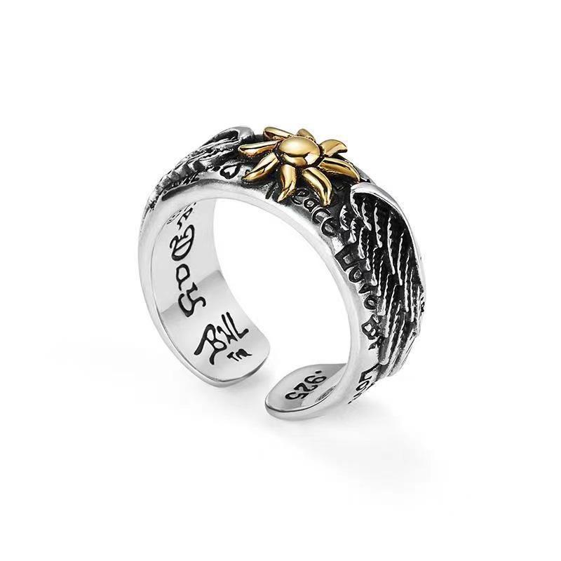 Unisex Retro Thai Silver Sunflower Graffiti Wing Ring - Adjustable & Stylish