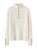 Women's Slim Fit High Neck Pure Cashmere Pullover Sweater with Gold Button Ribbed Design