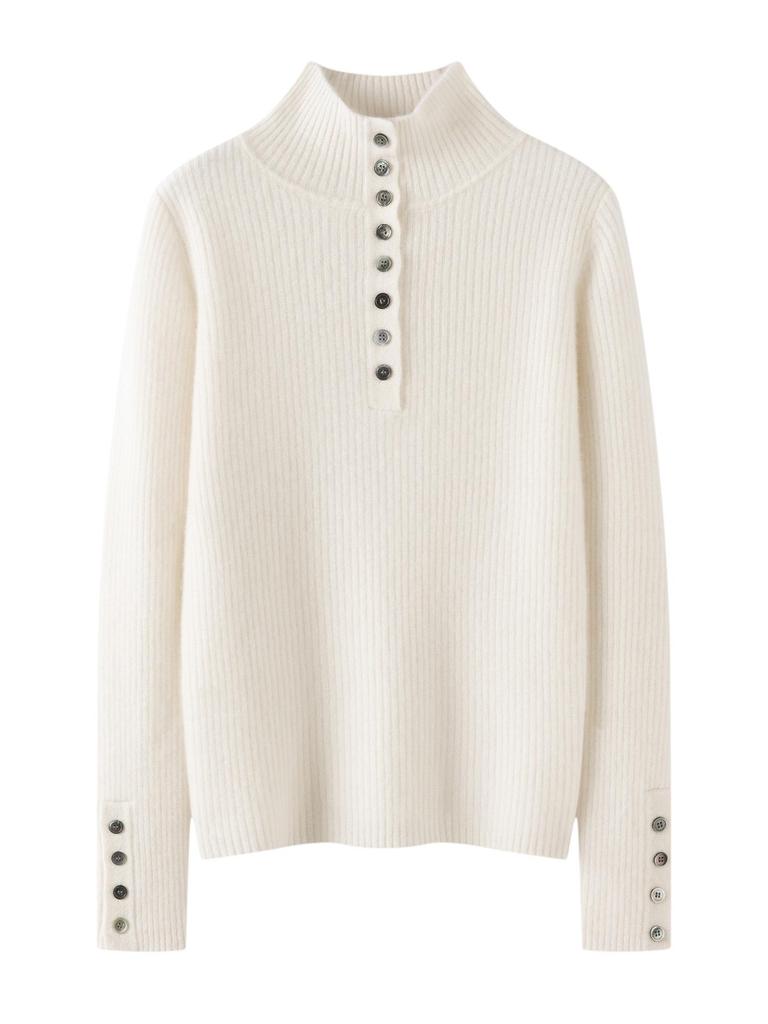 Women's Slim Fit High Neck Pure Cashmere Pullover Sweater with Gold Button Ribbed Design