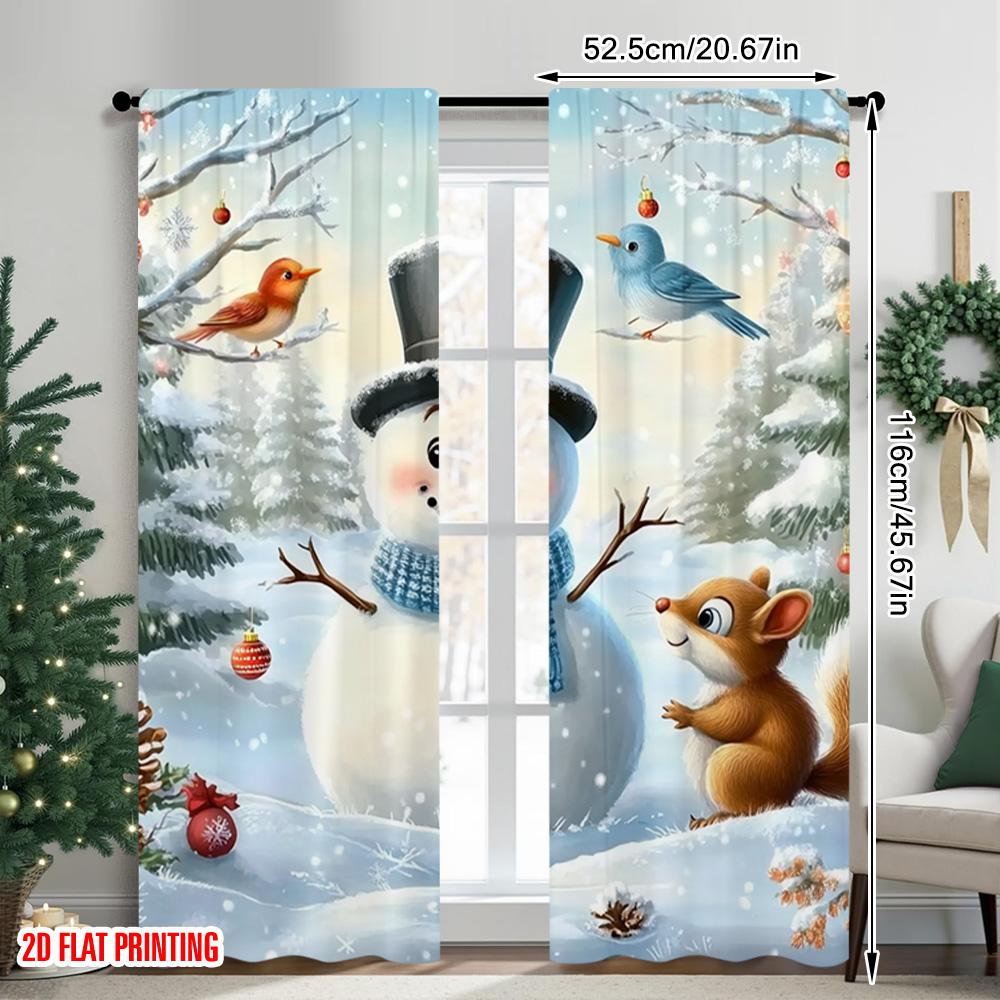 Set Of 2 Flat Printing Merry Christmas Popular Curtain Winter Snowman Polyester Without Electricity Holiday Machine Washable