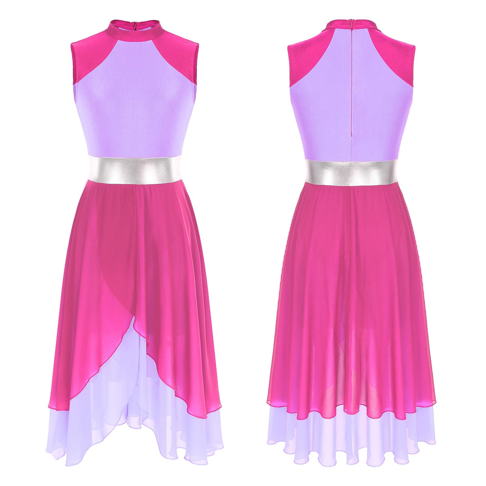 

Жіночі костюми для ліричного танцю без рукавів асиметричного крою з кольоровими блоками для сценічних виступів, балетна пачка, танцювальний одяг, бальний леотард-сукня XL гарячі рожевого кольору/світло-фіолетового кольору