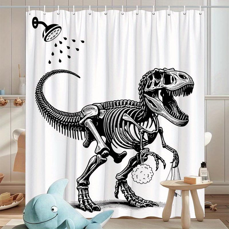 Funny Dinosaur Skeleton Shower Curtain – Black & White Design, 70X70" Polyester With Hooks, Modern Wildlife Bath Decor