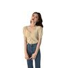 Sommer Neu Koreanische Version Retro Puffärmel Kurzer Saum Slim V-Ausschnitt Kurzarm Strickpullover T-Shirt Damen