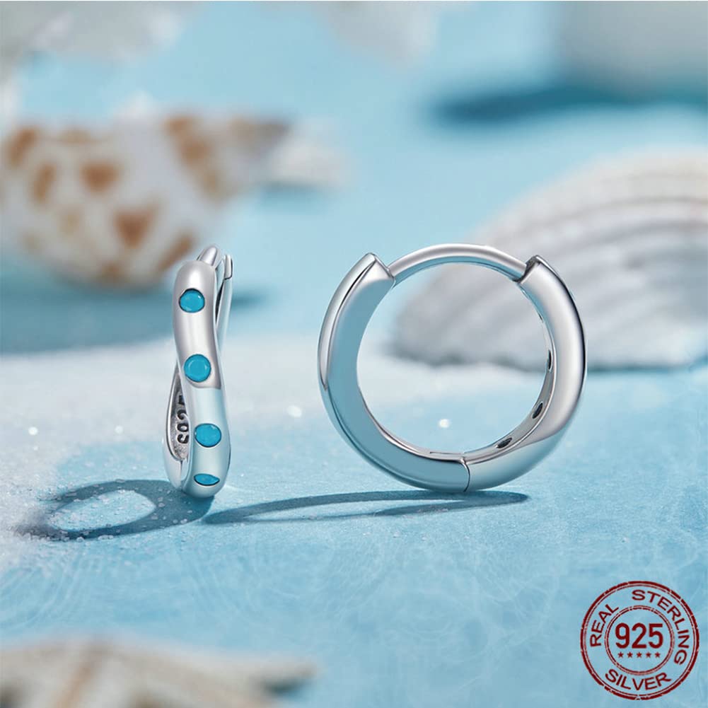 Rockyu Earrings for Silver Tsunami Hoop Turquoise Ring Pure For Both Gift Accessories Women, Simple, Small, 925, Twisted, Shape, Earrings, Blue,