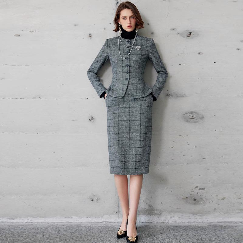 2024 Women's Gray Plaid Two-Piece Suit – Korean Style Formal Jacket & Skirt for Early Autumn
