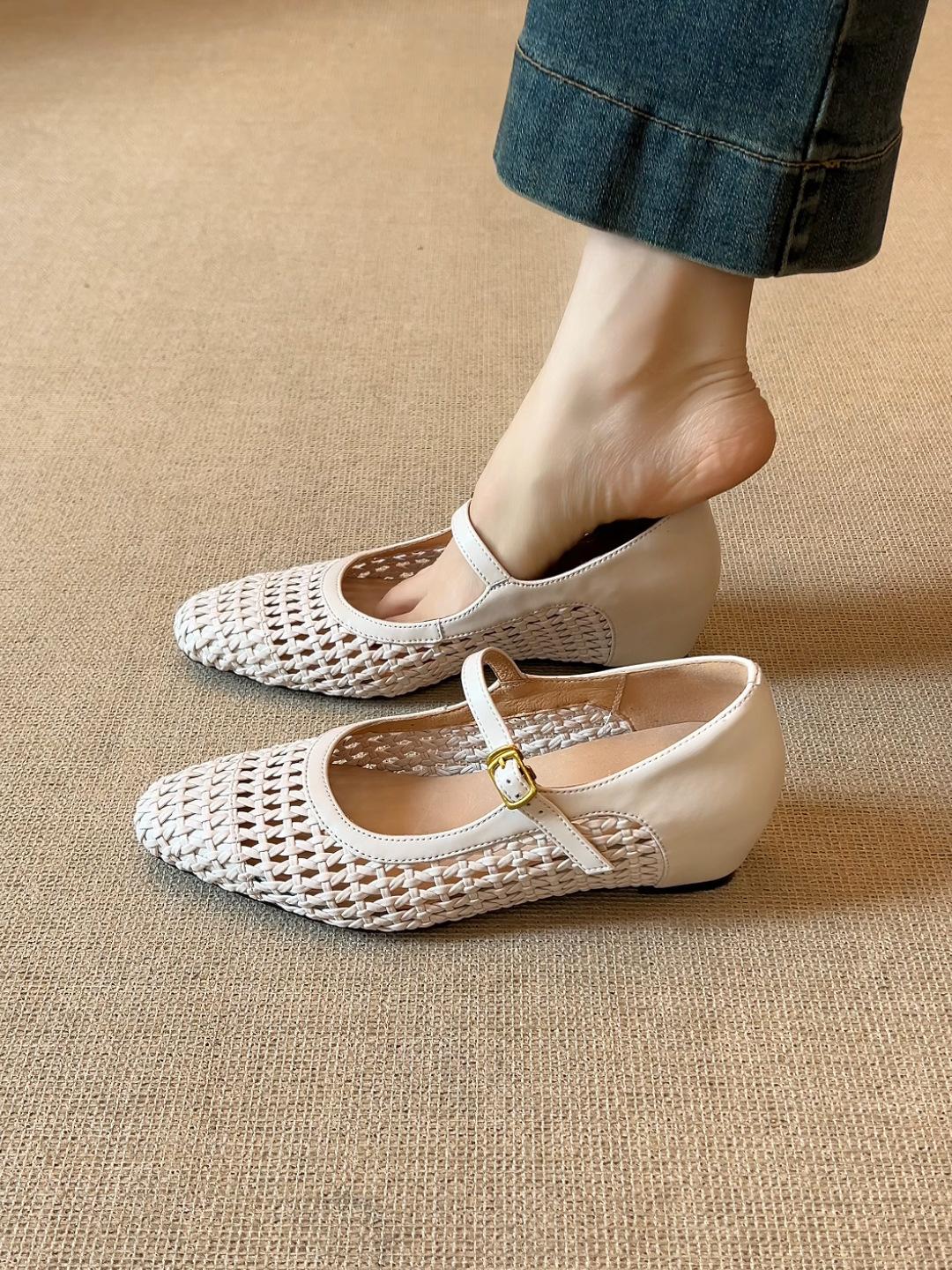 

34-40/5 cm height increase woven hollow shoes fashion one-word buckle breathable versatile shallow mouth women 40