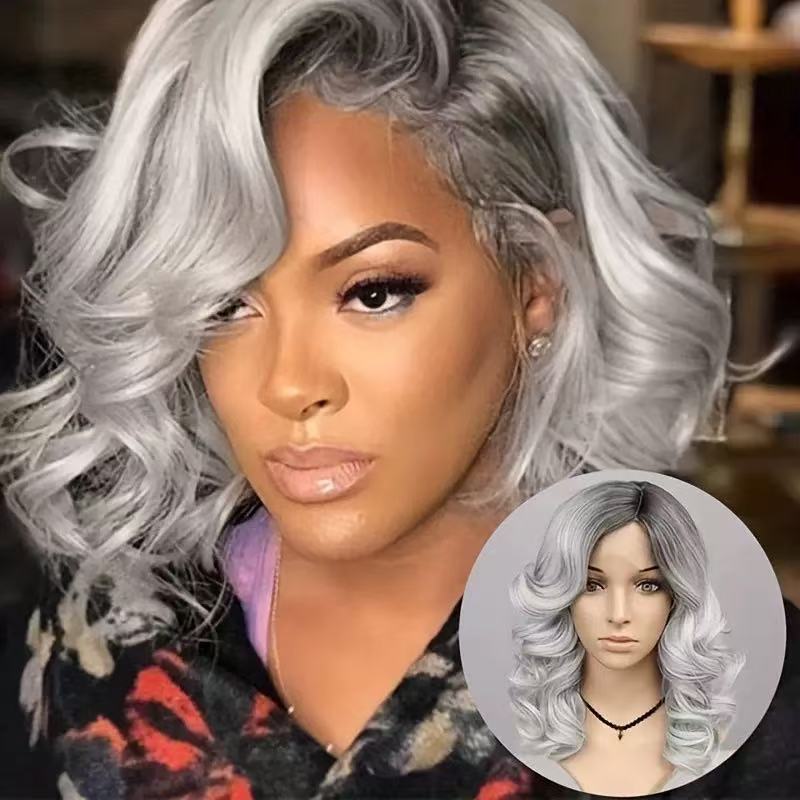 Hot-selling front lace wig women's silver gray medium long curly hair lace wig cover in stock