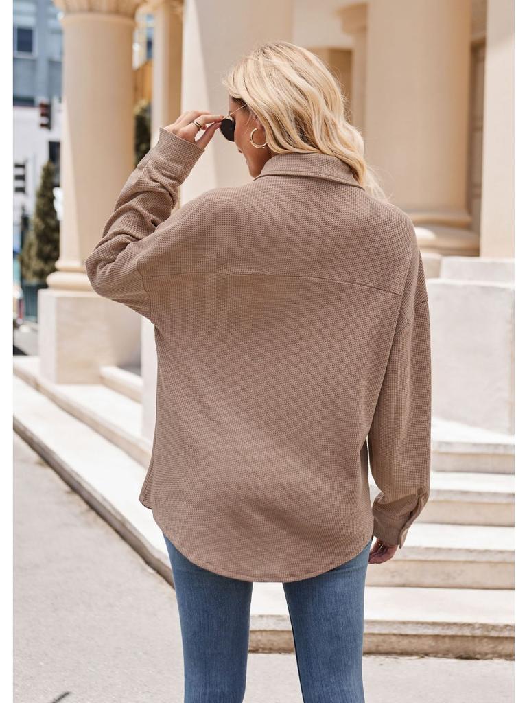 Single Breasted Pocket Waffle Fashion Shirt 2023 Women's Autumn and Winter New European and American Casual Loose Tops