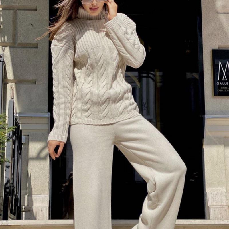 2023 Women's Knitted Cable Knit Two-Piece High Neck Sweater Set