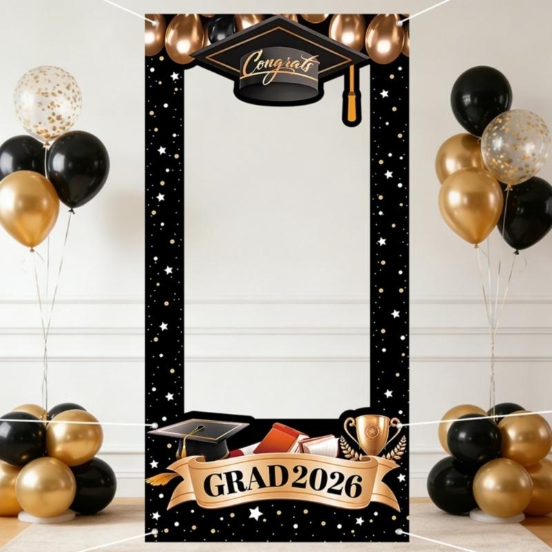 Black Gold Graduation Backdrop 2026 Banners With Star And Balloons Motifs Background For Photo Decorations 60X120CM