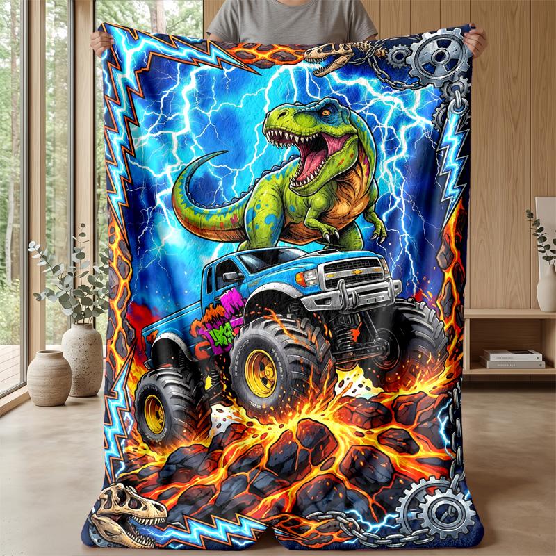 Dinosaur Monster Truck Adventure Blanket Personalized Name Flannel Blanket Soft Cozy Plush Throw for Sofa Bed Lightweight Home Decor