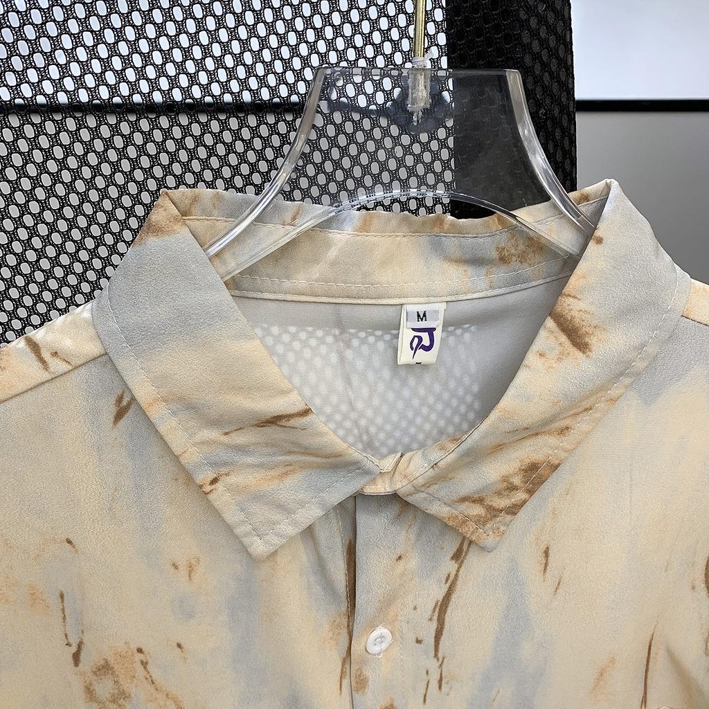 Ink Tie-Dye Cardigan Short Sleeve Shirt for Men, Thin Summer Ice Silk Quick-Dry Half Sleeve Turn-Down Collar Shirt Jacket