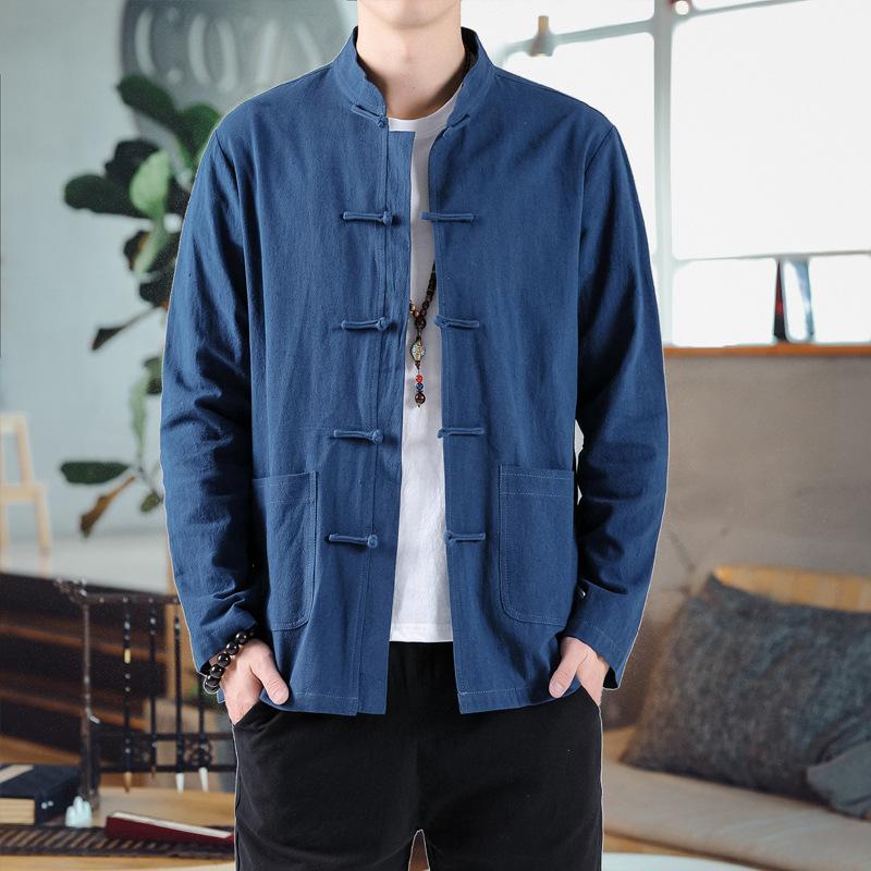 

Весенне-осенняя хлопково-льняная рубашка в китайском стиле с ретро-пуговицами и длинным рукавом для мужчин, одежда для тай-чи для выступлений, рубашка-пиджак 5XL