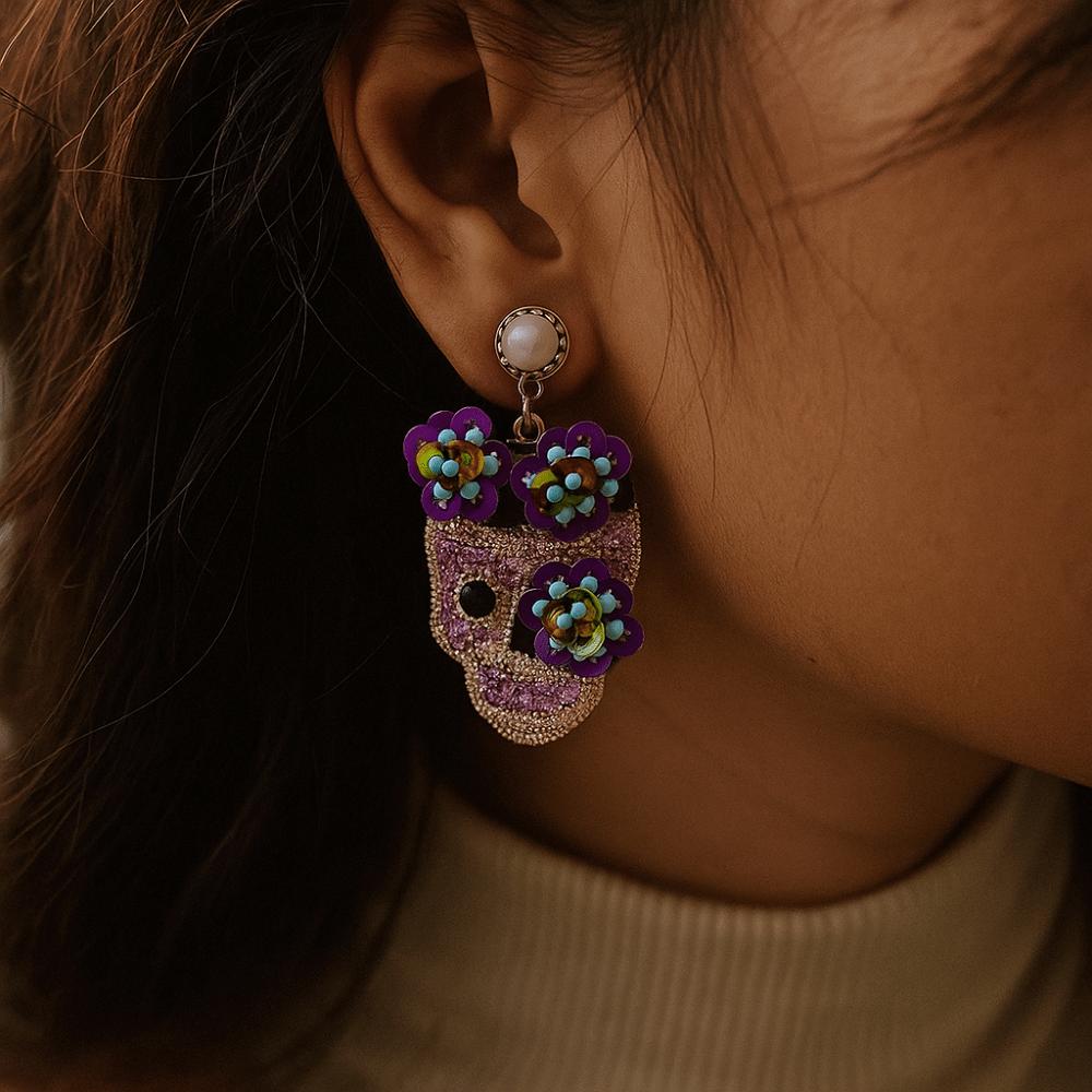 Personality Zircon Encrusted Skull Earrings Rhinestone Glitter Skeleton Stud Earrings  Halloween