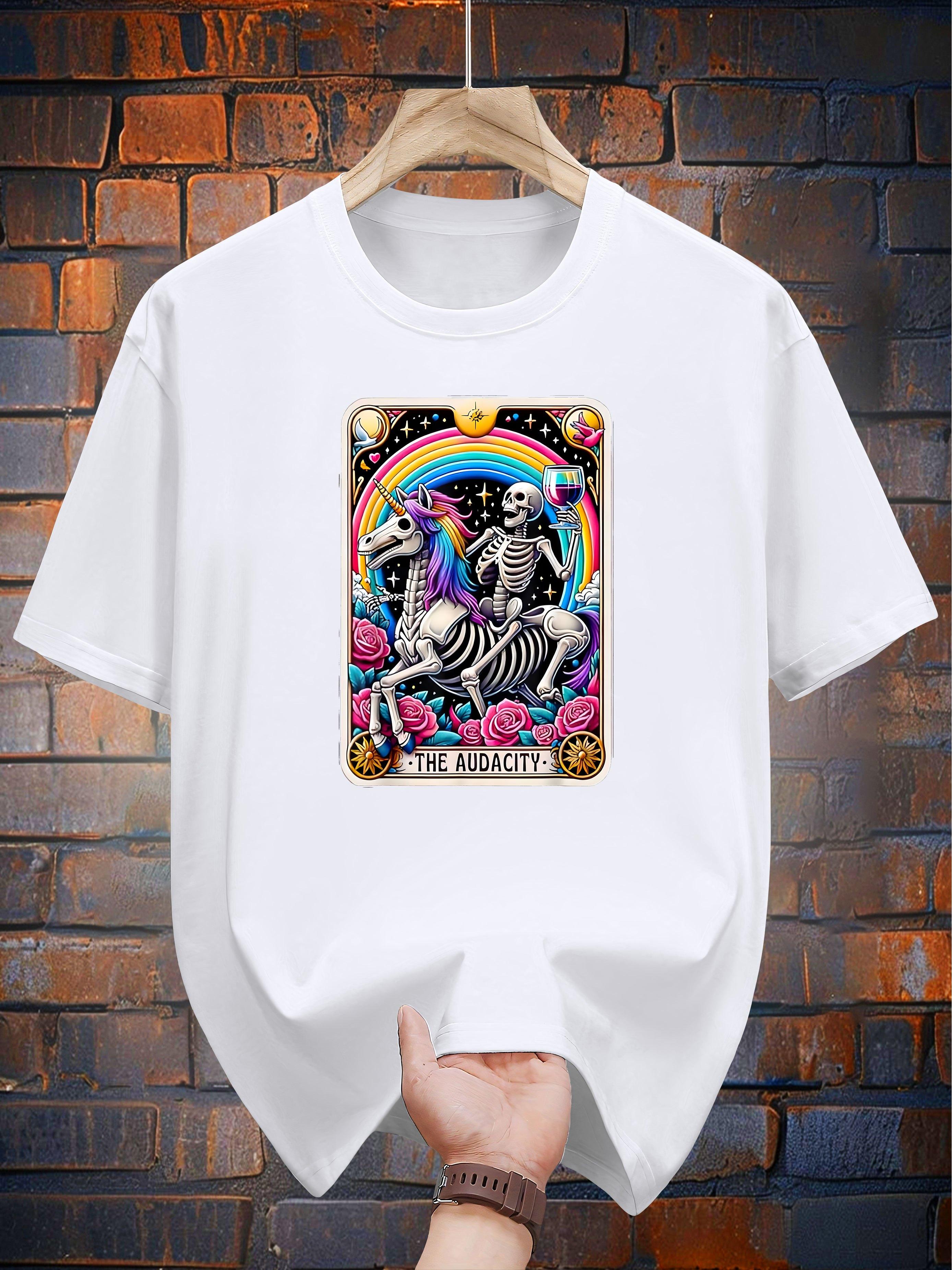 200g 100% Cotton Graphic T-shirt - Skeleton Rainbow Floral Print Casual Summer Tee S