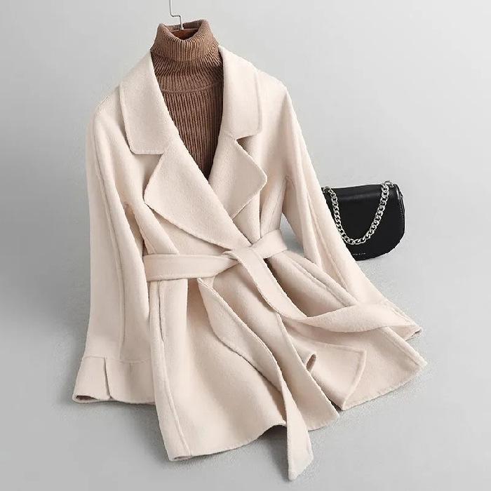 

Elegant 2025 Slim Fit Double-Faced Cashmere Red Wool Coat with Belt - Petite Women s Short Style M