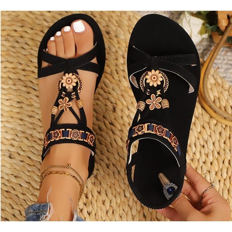 

Fashion New Women s Fashionable Round Toe Flat Sandals with One Foot, Bohemian Style Casual Versatile Flat Shoes 43 чёрный