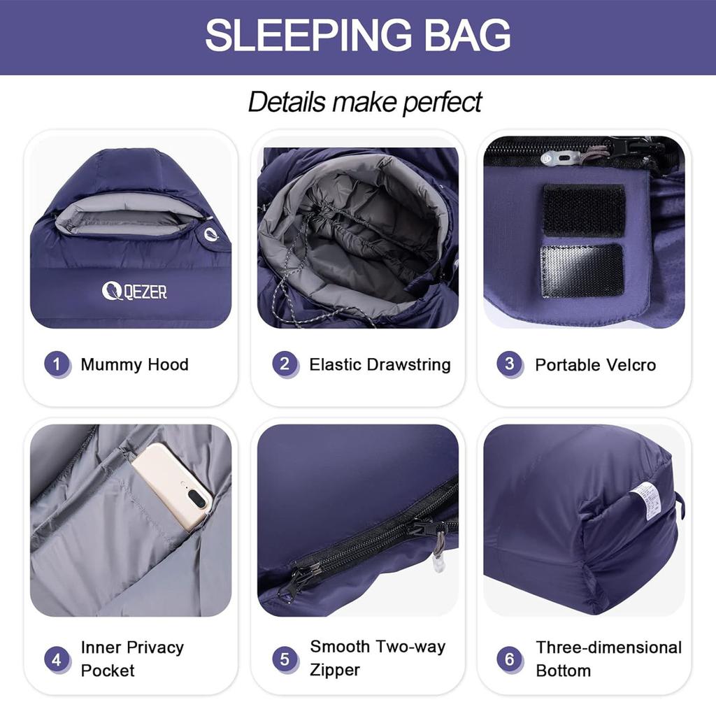 Outdoor Camping Mummy Adult Sleeping Bag DUCK Filling Windproof Waterproof 0~5 Temperature Rating Customizable Color Logo Nylon