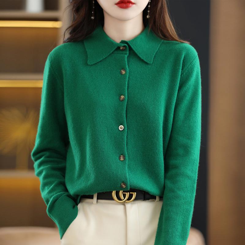 Korean-Style Women's Loose Cashmere Knitted POLO Cardigan Sweater