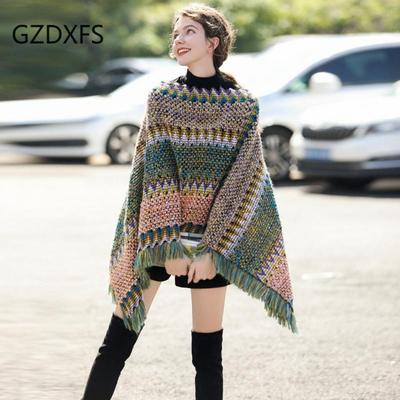DX szalowy sweter z frędzlami sweter kolorowy luźny sweter w paski w stylu vintage z dzianiny płaszcz