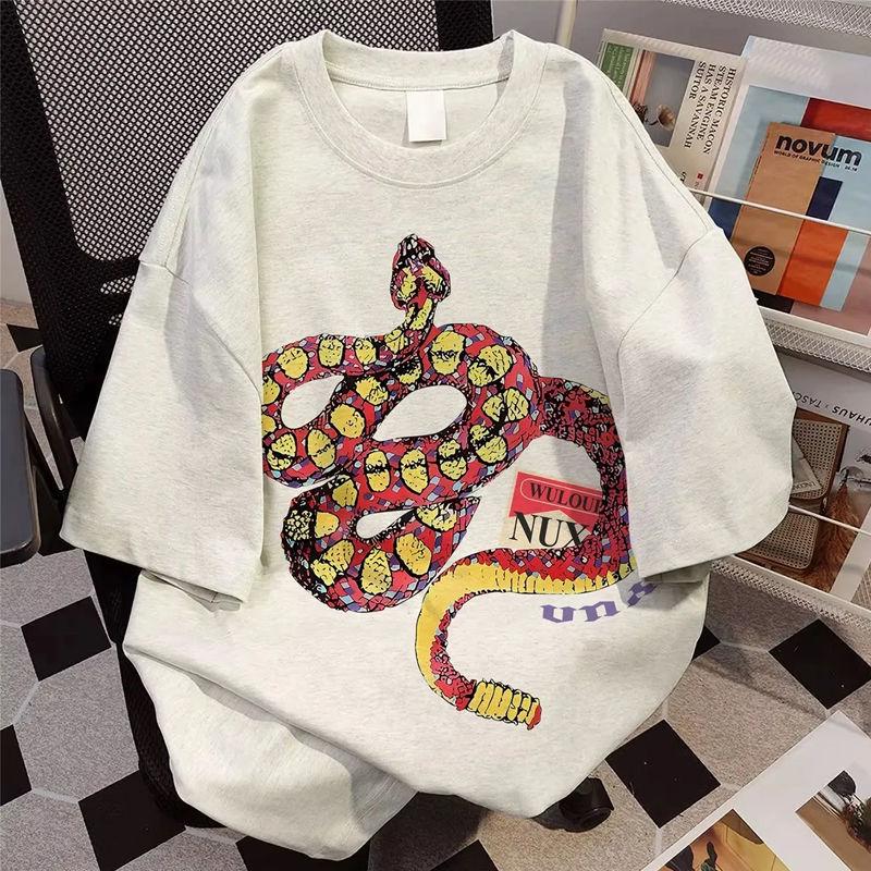 

220 г Хлопковая футболка унисекс в стиле ретро со змеиным принтом - Повседневная американская уличная одежда XL хизер серый