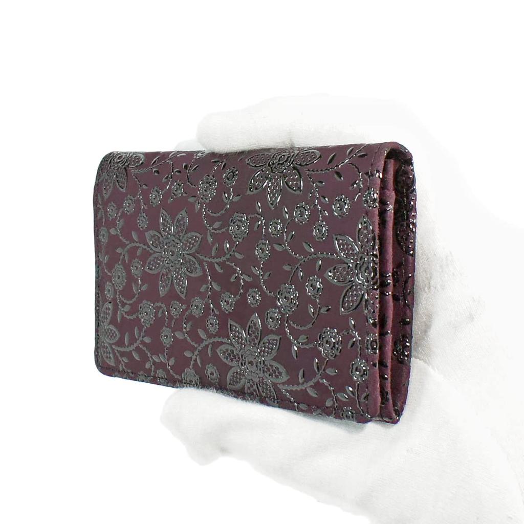 Indenya Inden Business Card Case, Large Capacity, Deerskin, Purple with Black Lacquer, Clematis Pattern, 2501-06-169