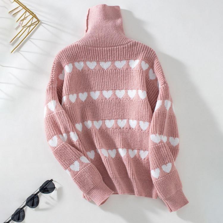 Vintage Strickjacke mit Herzmuster, lockerer Strick, Stehkragenpullover, langärmeliges Oberteil für Herbst und Winter