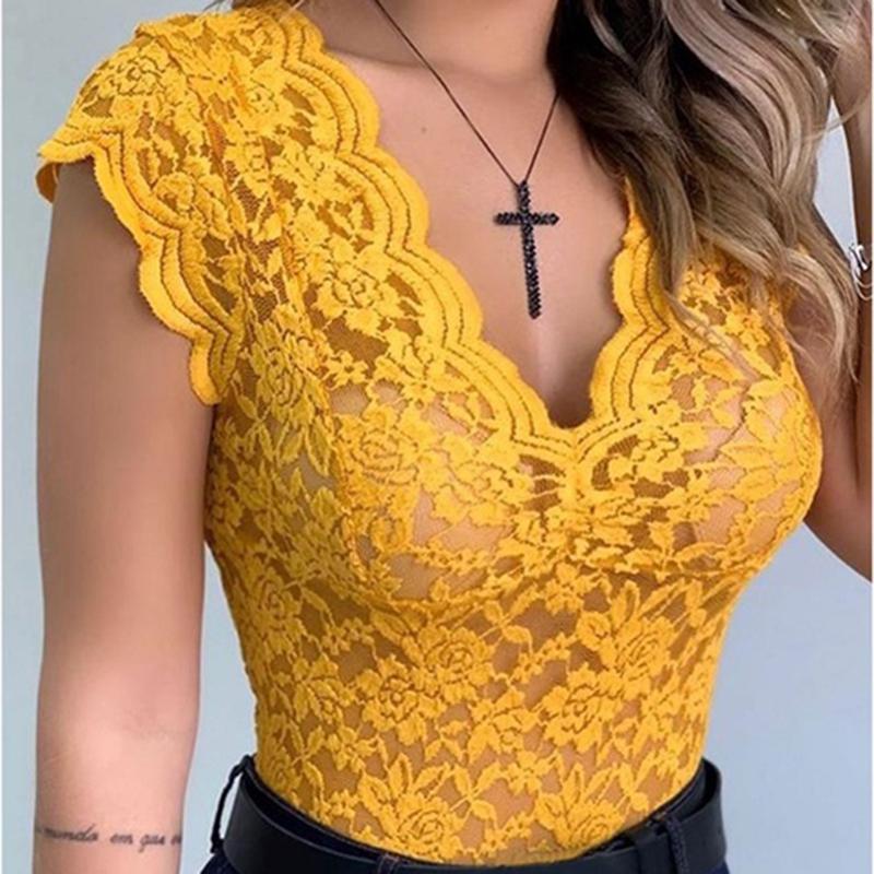 

Женская модная одежда, повседневные топы с короткими рукавами для женщин, кружевные рубашки с вырезами, однотонная футболка с v-образным вырезом XXL жёлтый