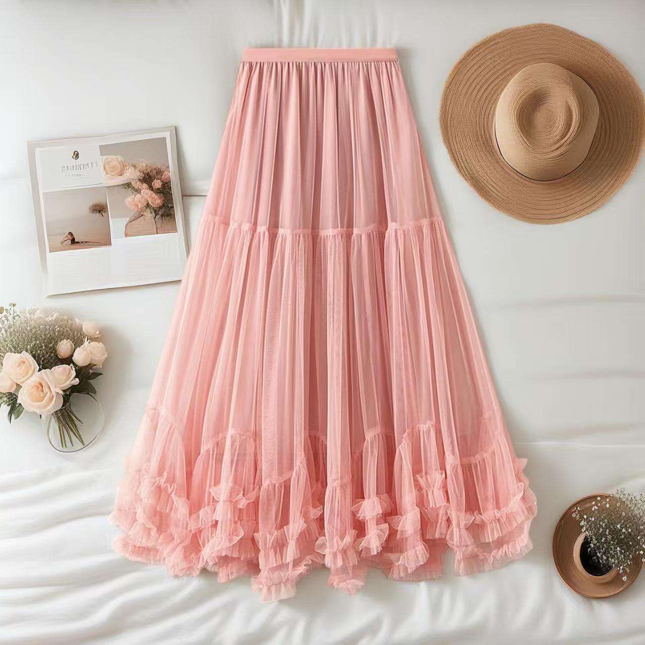 

Elegant A-Line Mesh Skirt with Sweet Ruffle Lace Trim One Size рожевий