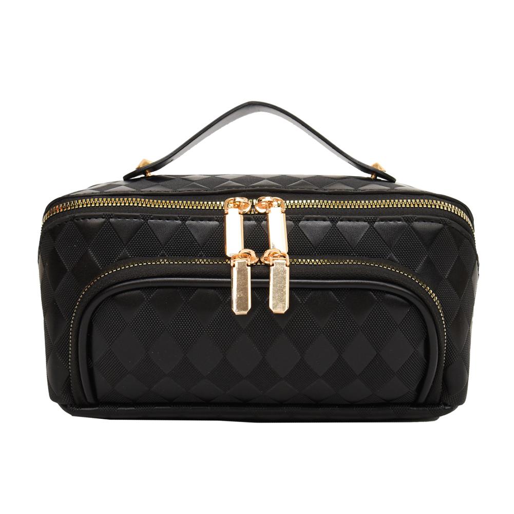 Women Makeup Organizer Bag PU Leather Makeup Storage Handbag Diamond Lattice Large Opening Makeup Bag for Home Business Trip