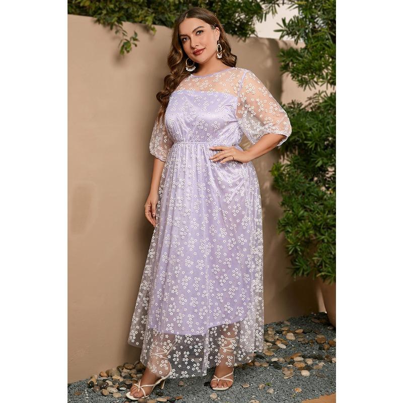 

Летние женские платья больших размеров, сетчатые длинные платья с вышивкой для банкетов и вечеринок 4XL фиолетовый