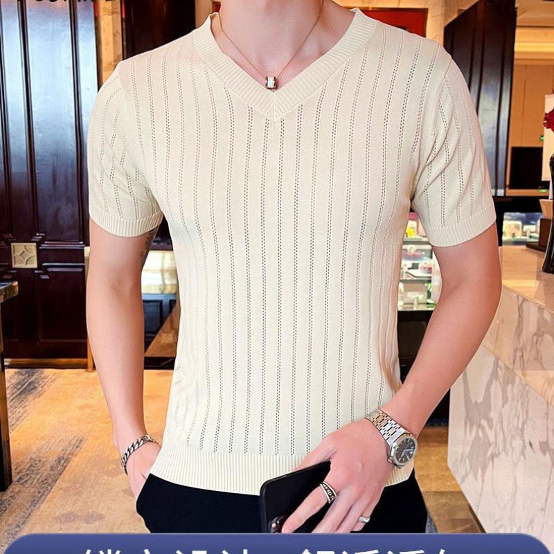 Trend Summer Solid Color V-neck Hollow Out Men's Casual Thin Ice Silk Fabric Fashion Short Sleeve Slim Knitted T-shirt Tops