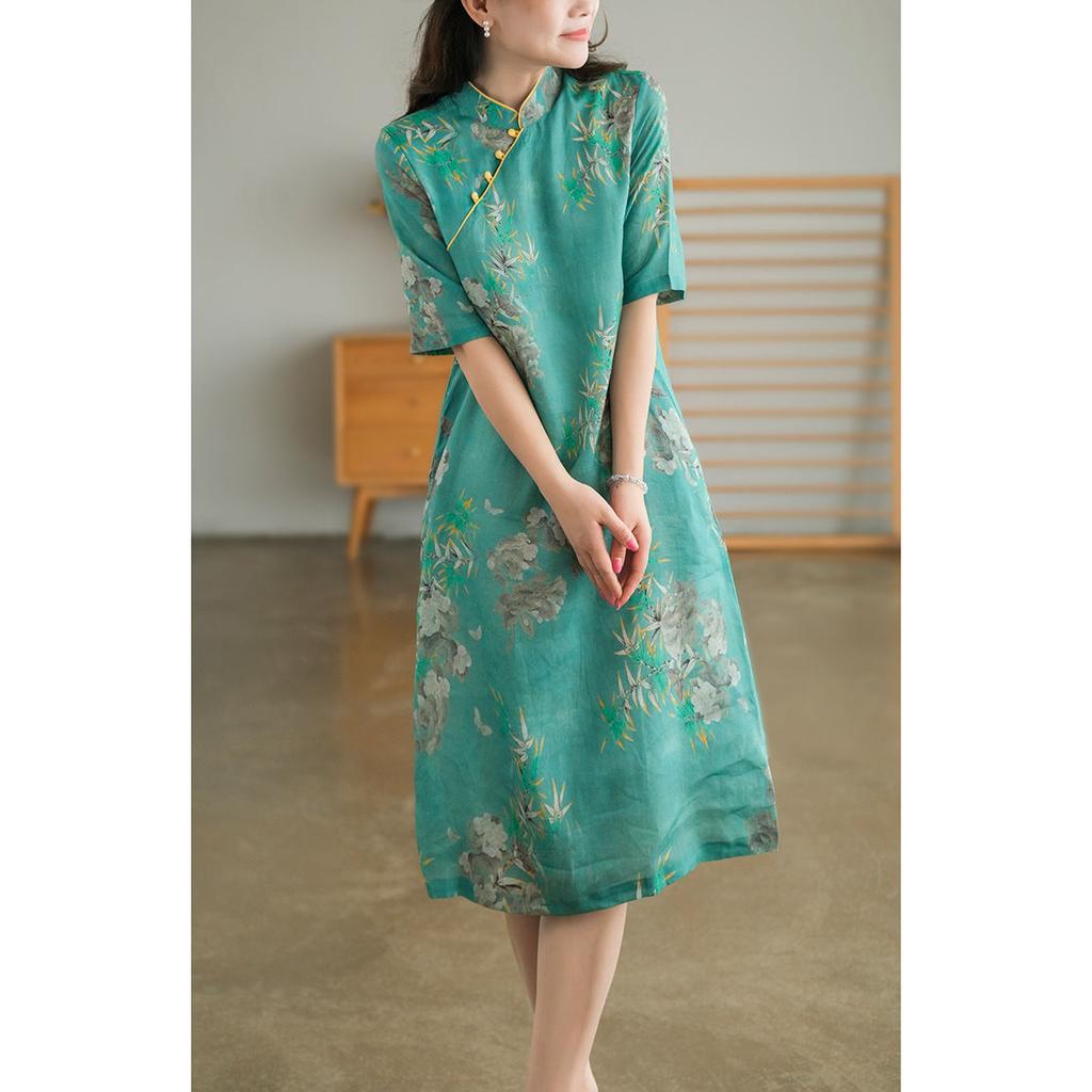 Chinese-style Improved Disc-buckled Cheongsam Skirt, Summer New Stand-up Collar Literary Dress, Retro Printed Cheongsam