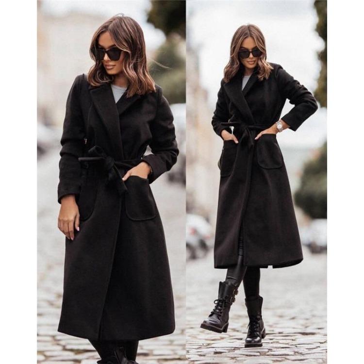 Women Double-breasted Woolen Coat Long-sleeved Lapel Button Simple S чёрный