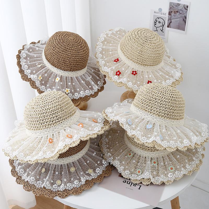 Summer Women's Wide Brim Straw Beach Sun Hat With Lace Mesh Design Breathable For Outdoor Packable Travel Sunscreen Sunhat
